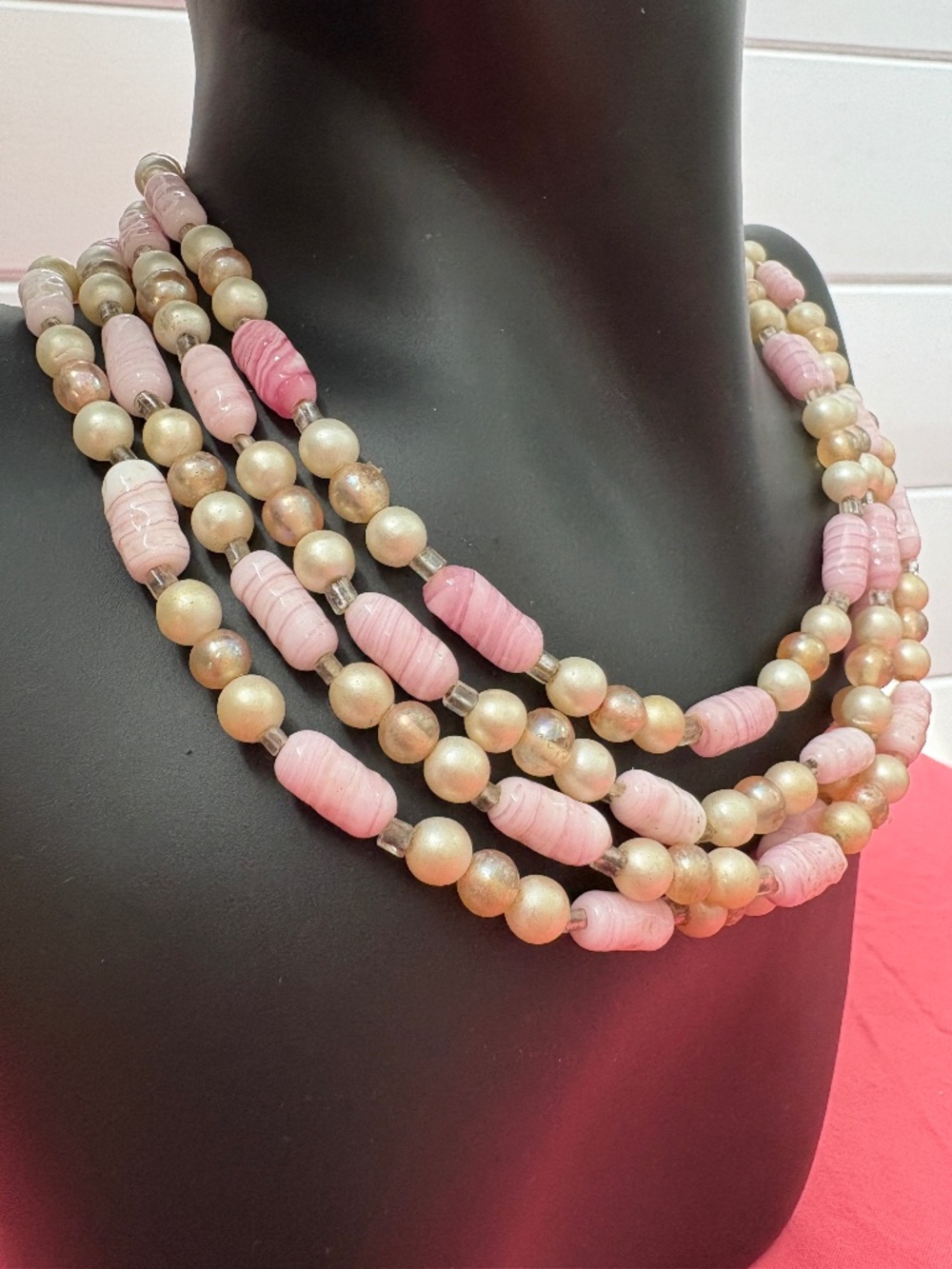 Vintage 1950s–60s Japan Pink Glass & Faux Pearl Four-Strand Necklace